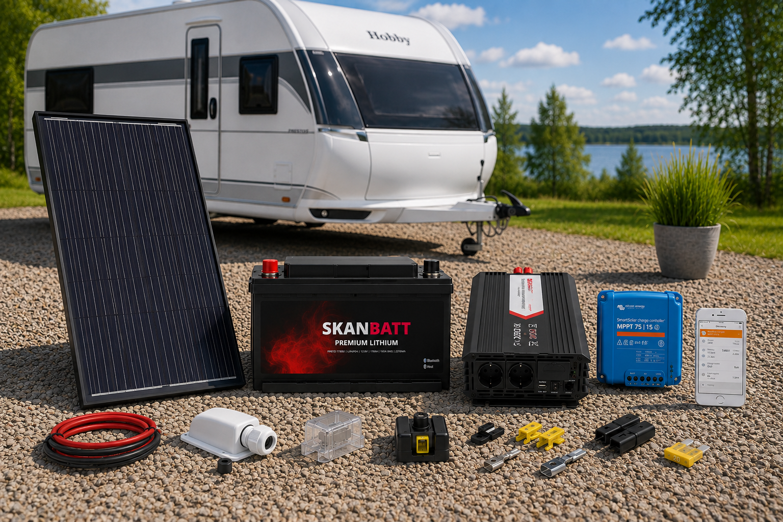 Energisystem med lithiumbatteri, solcell och inverter till husbil och husvagn